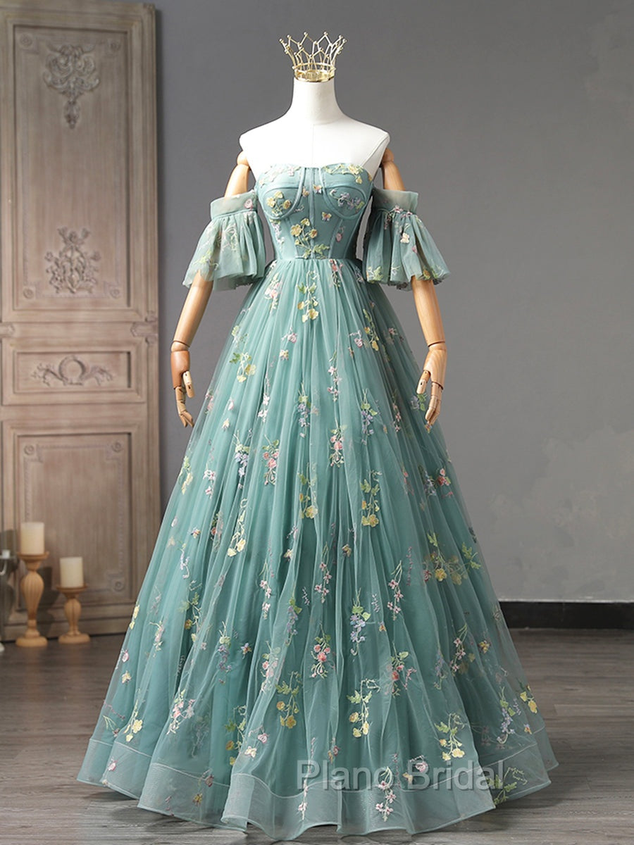 Green Floral Tulle Long Formal Prom Dresses Cute Off Shoulder Evening Party Dresses Beautiful