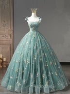 Green Floral Tulle Long Formal Prom Dresses Cute Off Shoulder Evening Party Dresses Beautiful