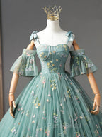 Green Floral Tulle Long Formal Prom Dresses Cute Off Shoulder Evening Party Dresses Beautiful