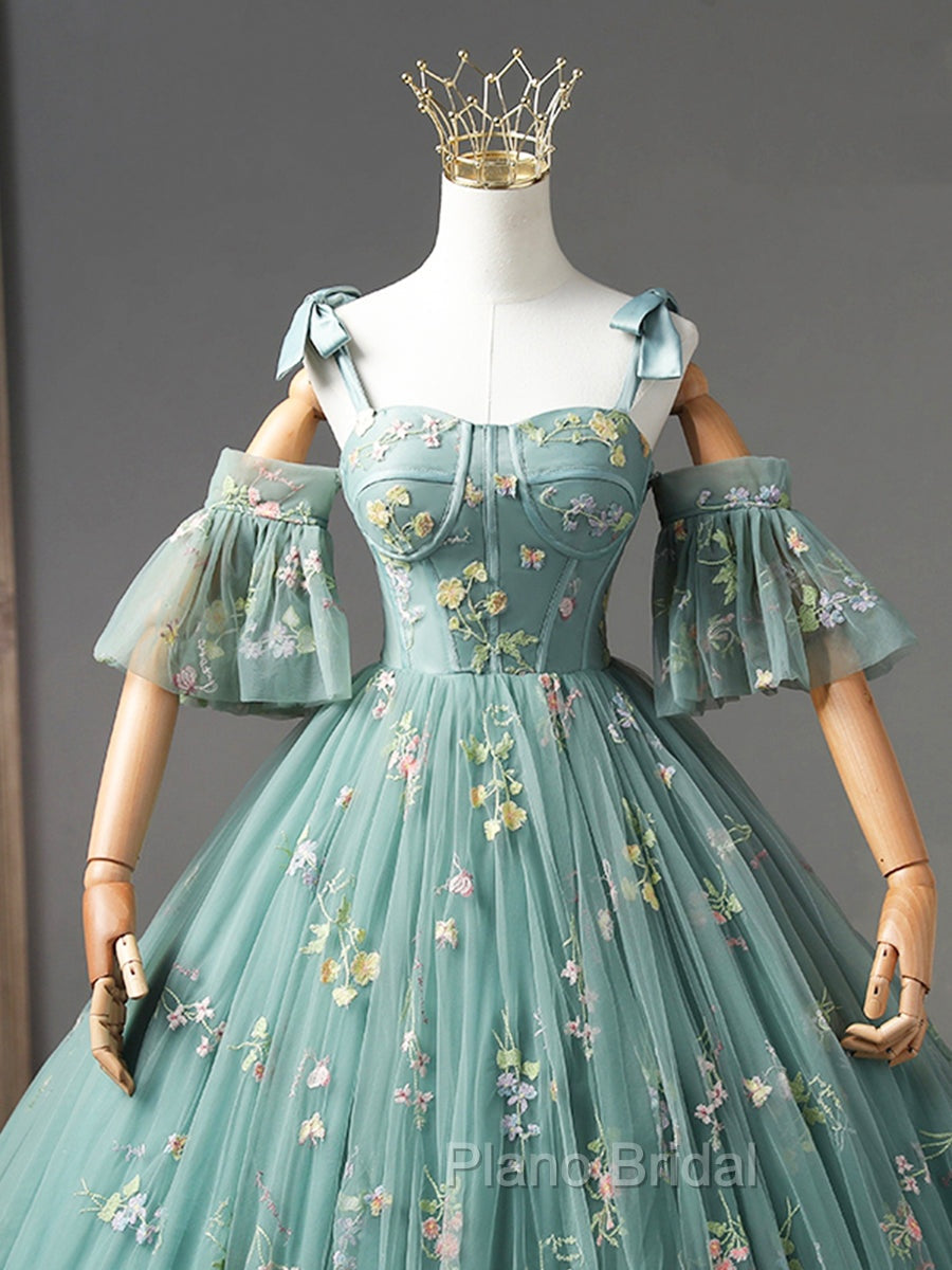 Green Floral Tulle Long Formal Prom Dresses Cute Off Shoulder Evening Party Dresses Beautiful