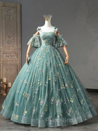 Green Floral Tulle Long Formal Prom Dresses Cute Off Shoulder Evening Party Dresses Beautiful