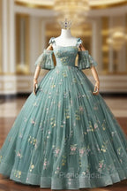 Green Floral Tulle Long Formal Prom Dresses Cute Off Shoulder Evening Party Dresses Beautiful