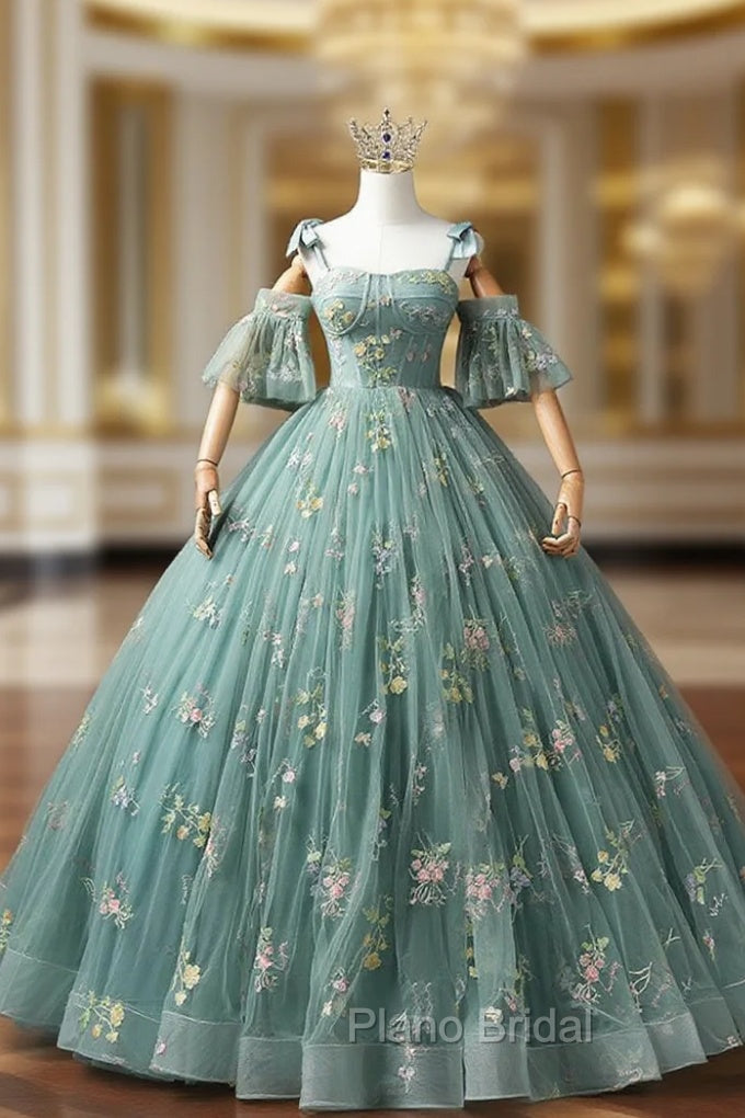 Green Floral Tulle Long Formal Prom Dresses Cute Off Shoulder Evening Party Dresses Beautiful