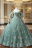 Green Floral Tulle Long Formal Prom Dresses Cute Off Shoulder Evening Party Dresses Beautiful