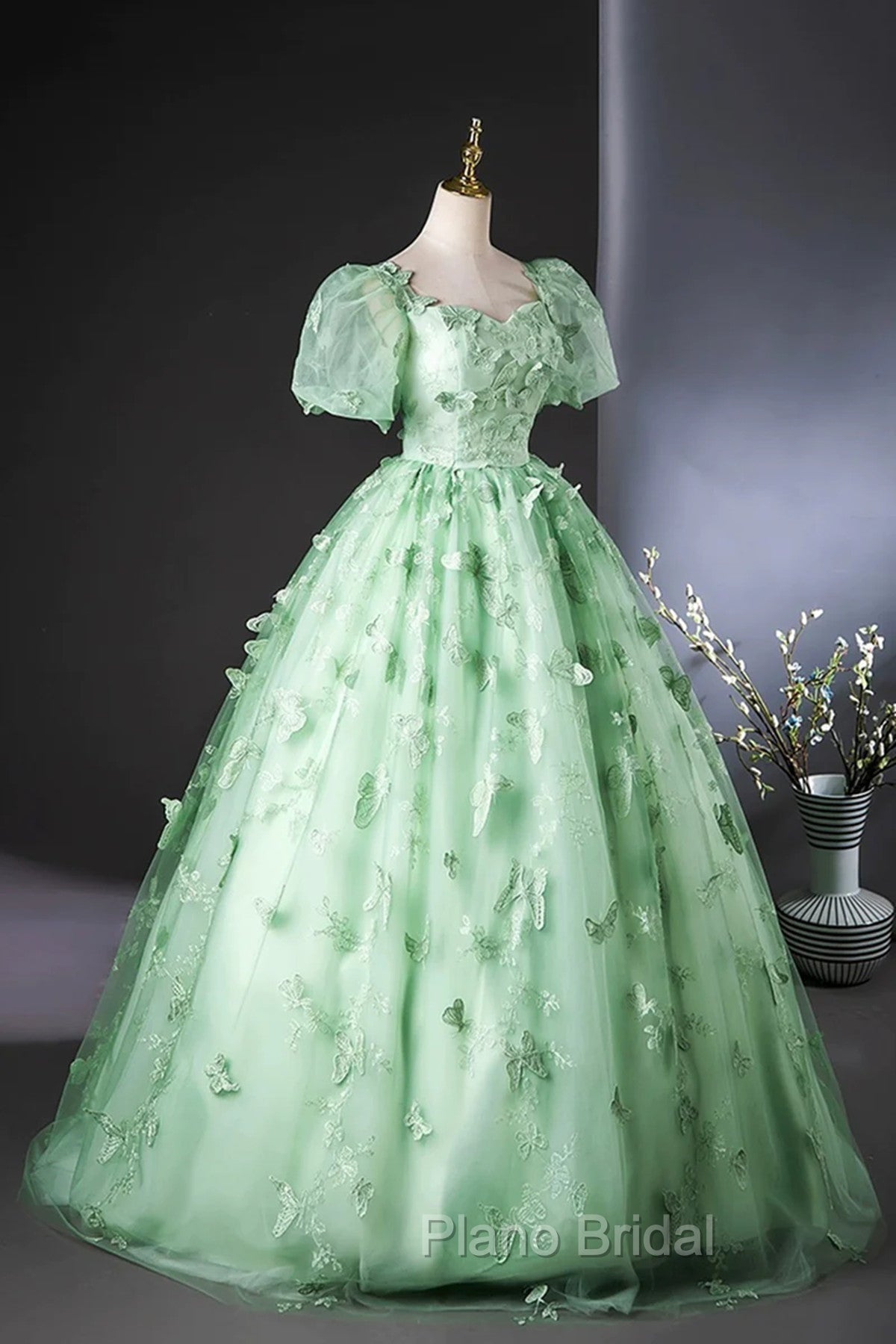 Green Flower Lace Long Formal Prom Dresses with Sleeves, Green Formal Dresses Secondary image