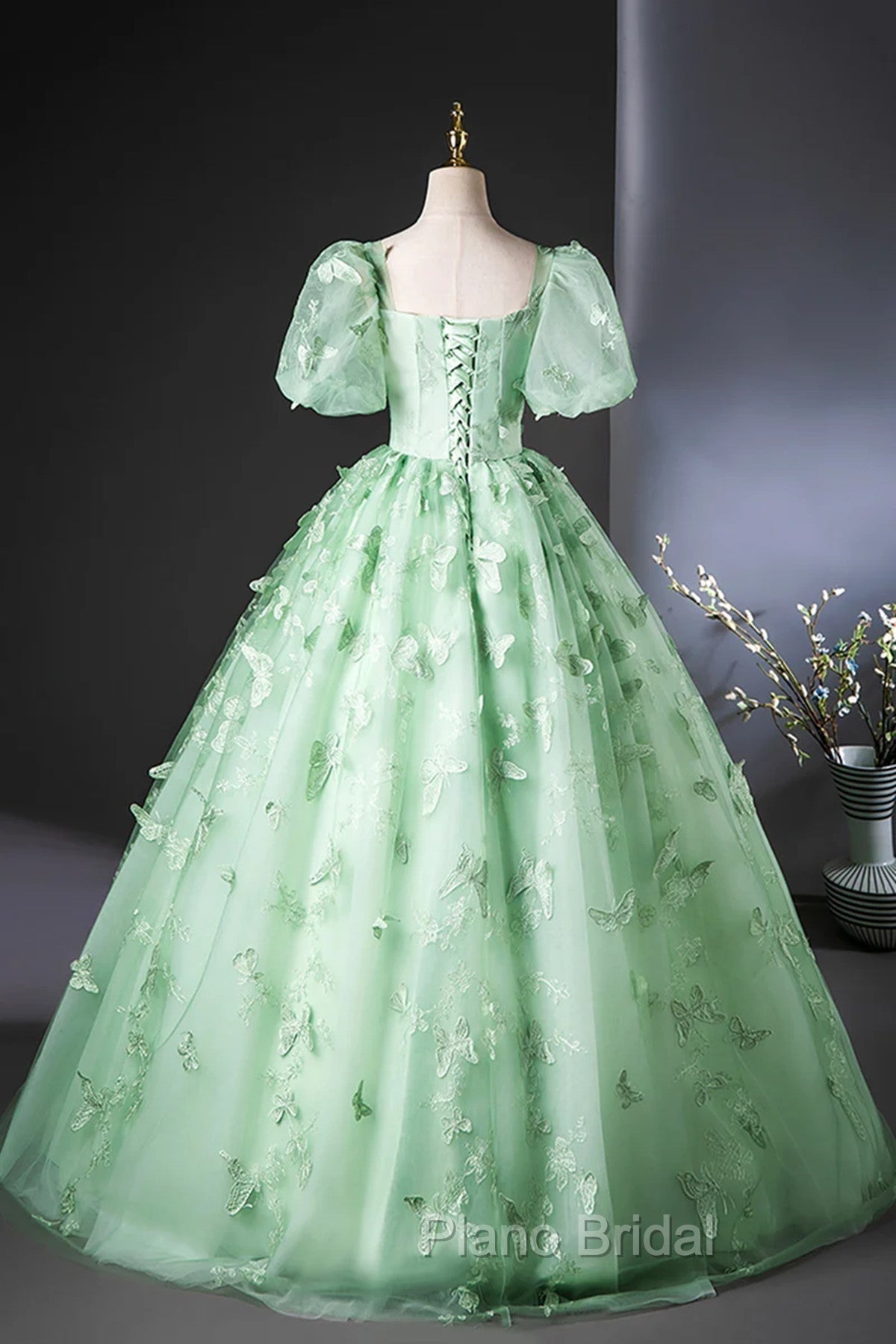 Green Flower Lace Long Formal Prom Dresses with Sleeves, Green Formal Dresses