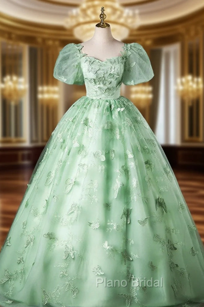 Green Flower Lace Long Formal Prom Dresses with Sleeves, Green Formal Dresses Main image