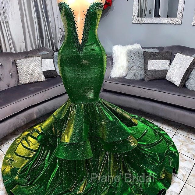 Green Gorgeous Ruffles Mermaid Formal Prom Dresses Chic Sweetheart Appliques Long Evening Dresses