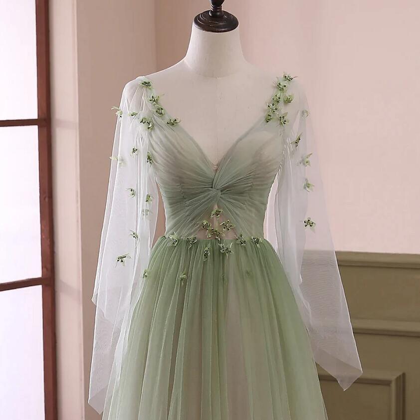Green Gradient Puffy Sleeves Long Party Dresses, A-Line Beaded Formal Prom Dresses
