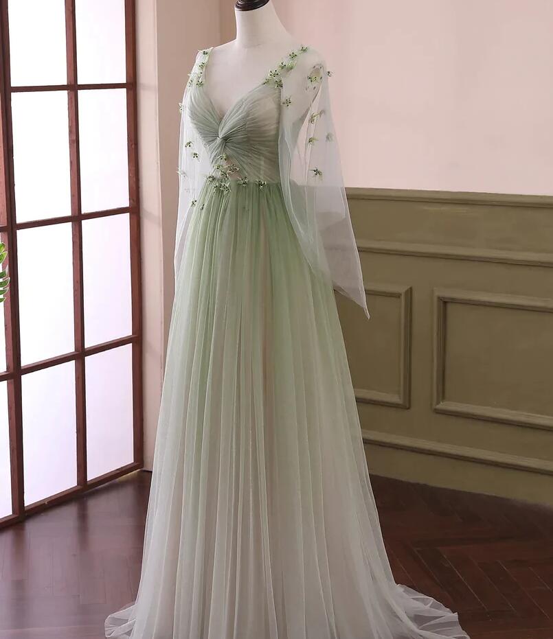 Green Gradient Puffy Sleeves Long Party Dresses, A-Line Beaded Formal Prom Dresses