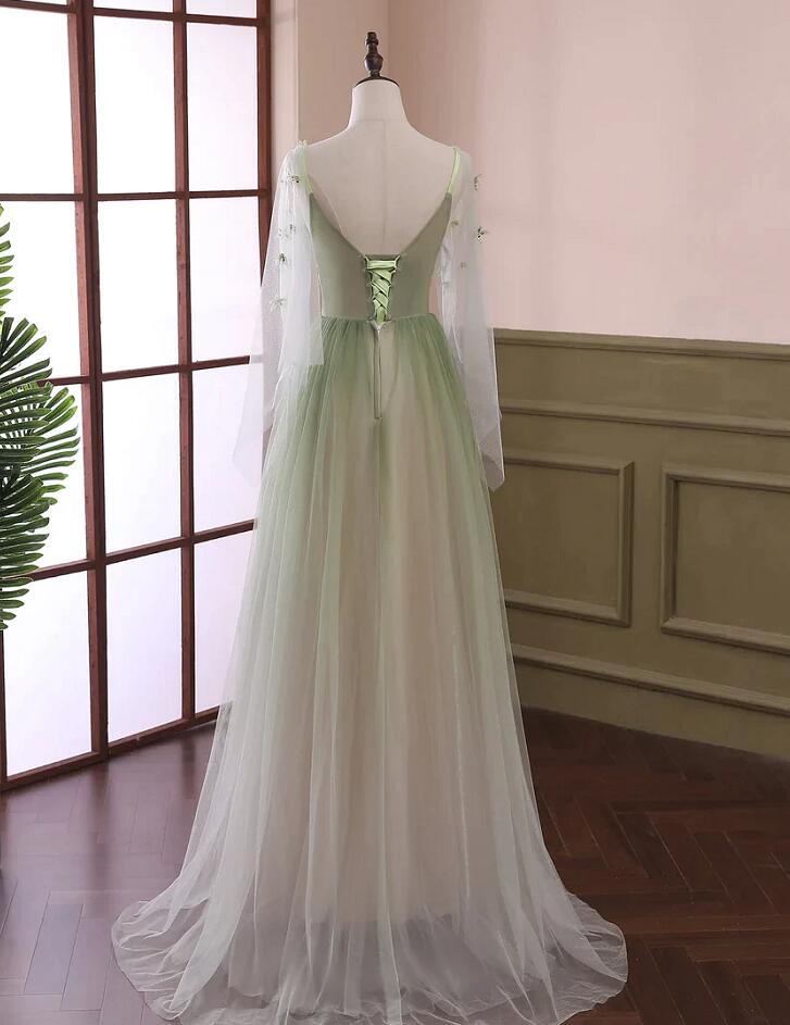 Green Gradient Puffy Sleeves Long Party Dresses, A-Line Beaded Formal Prom Dresses