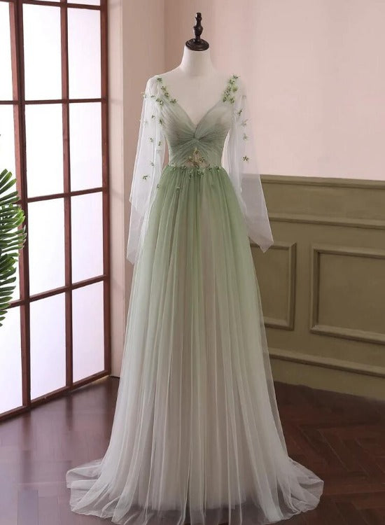 Green Gradient Puffy Sleeves Long Party Dresses, A-Line Beaded Formal Prom Dresses Main image