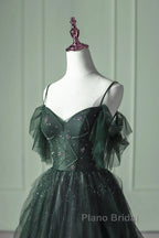 Green Gradient Tulle A-Line Long Formal Dresses, Green Beaded Straps Party Dresses Formal Prom Dresses