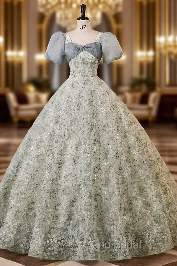 Green Gray Short Sleeve Lace Flower Quinceanera Dresses Main image
