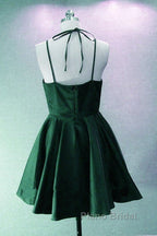 Green Halter Short Satin Long Party Dresses, Green Homecoming Dresses , Short Party Dresses