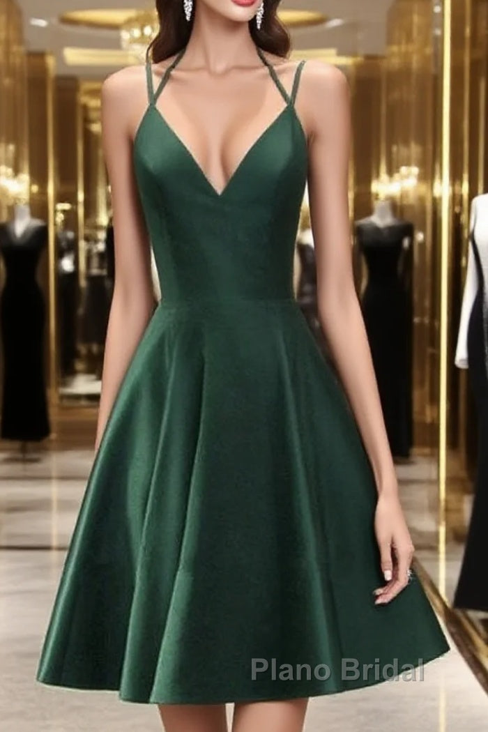 Green Halter Short Satin Long Party Dresses, Green Homecoming Dresses , Short Party Dresses Main image