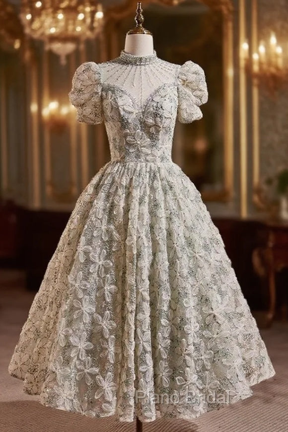 Green High Neck Puff Sleeve Beading Formal Prom Dresses Main image