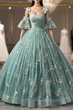 Green Lace Long A-Line Formal Dresses, Spaghetti Strap Evening Gown