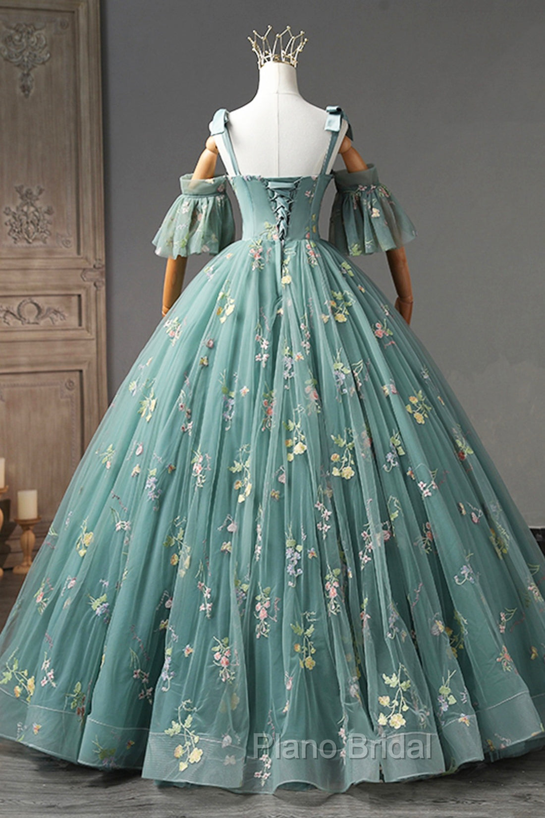 Green Lace Long A-Line Formal Dresses, Spaghetti Strap Evening Gown