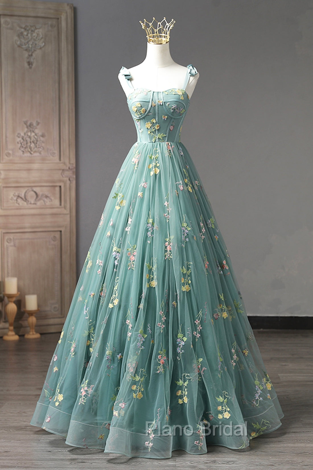 Green Lace Long A-Line Formal Dresses, Spaghetti Strap Evening Gown