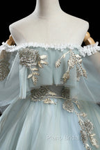 Green Lace Long A-Line Off the Shoulder Formal Prom Dresses, Evening Party Dresses