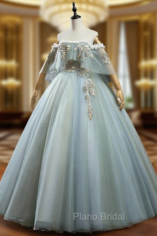 Green Lace Long A-Line Off the Shoulder Formal Prom Dresses, Evening Party Dresses Main image
