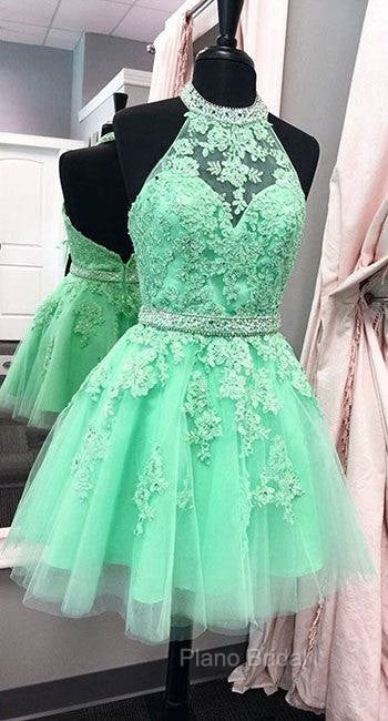 Green Lace Short Formal Prom Dresses, Green Homecoming Dresses