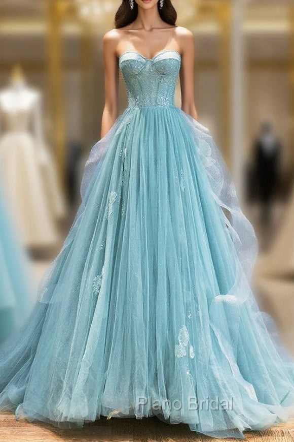 Green Lace Tulle A-Line Long Formal Dresses, Green Strapless Evening Dresses Main image