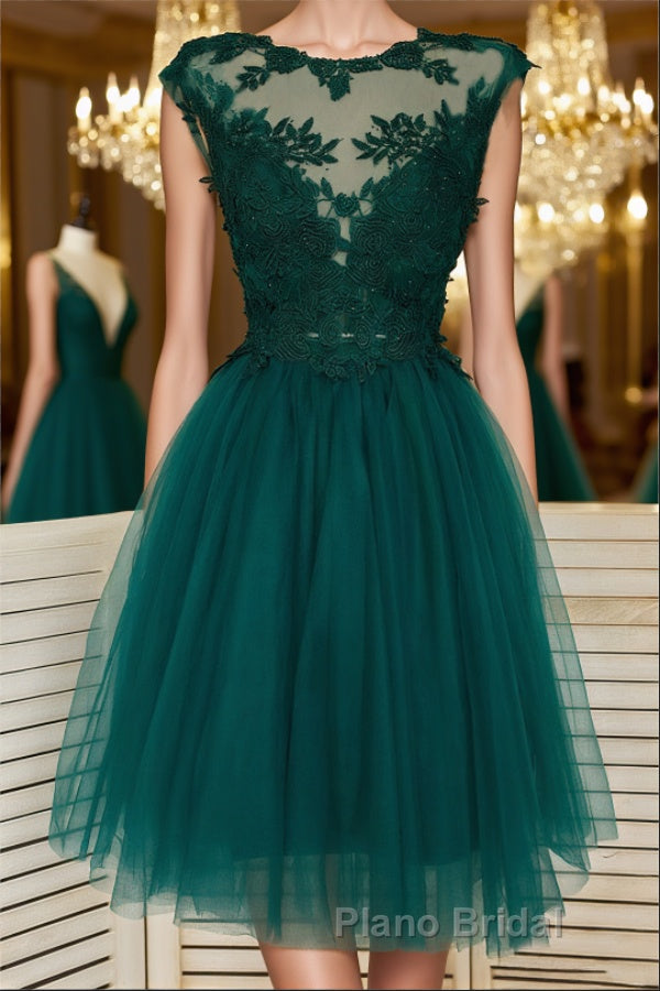 Green Lace Tulle Short Formal Prom Homecoming Dresses, Green Lace Formal Graduation Evening Dresses Main image