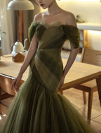 Green Beautiful Elegant Long Tulle Off-Shoulder Ball Gown Formal Evening Dresses