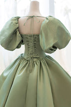 Green Sweet Elegant A-Line Long Satin Short Sleeves Formal Prom Dresses Formal Evening Dresses Birthday Dresses Graduation Dresses