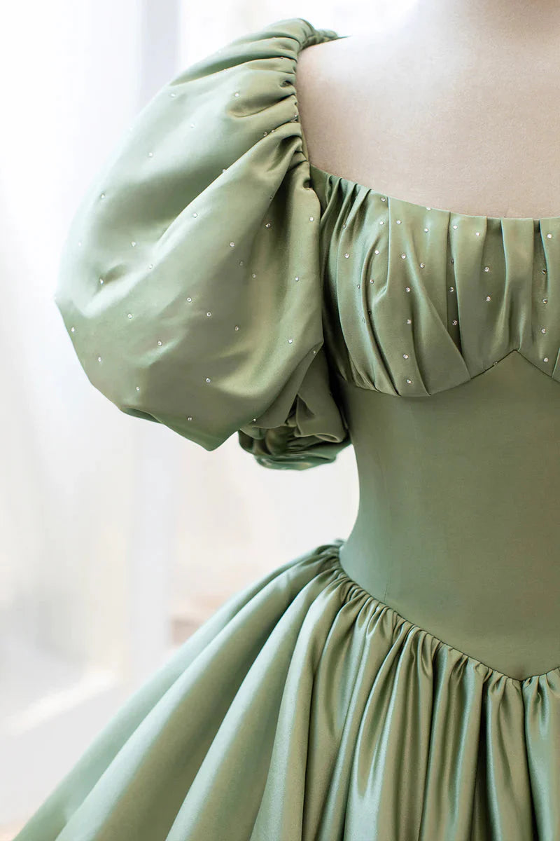 Green Sweet Elegant A-Line Long Satin Short Sleeves Formal Prom Dresses Formal Evening Dresses Birthday Dresses Graduation Dresses