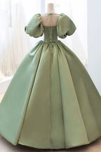 Green Sweet Elegant A-Line Long Satin Short Sleeves Formal Prom Dresses Formal Evening Dresses Birthday Dresses Graduation Dresses