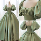 Green Sweet Elegant A-Line Long Satin Short Sleeves Formal Prom Dresses Formal Evening Dresses Birthday Dresses Graduation Dresses