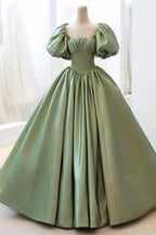 Green Sweet Elegant A-Line Long Satin Short Sleeves Formal Prom Dresses Formal Evening Dresses Birthday Dresses Graduation Dresses