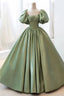 Green Sweet Elegant A-Line Long Satin Short Sleeves Formal Prom Dresses Formal Evening Dresses Birthday Dresses Graduation Dresses