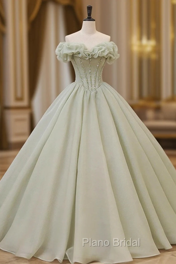 Green Long Formal Prom Dresses, Green Tulle Formal Sweet 16 Dresses with Beading Main image