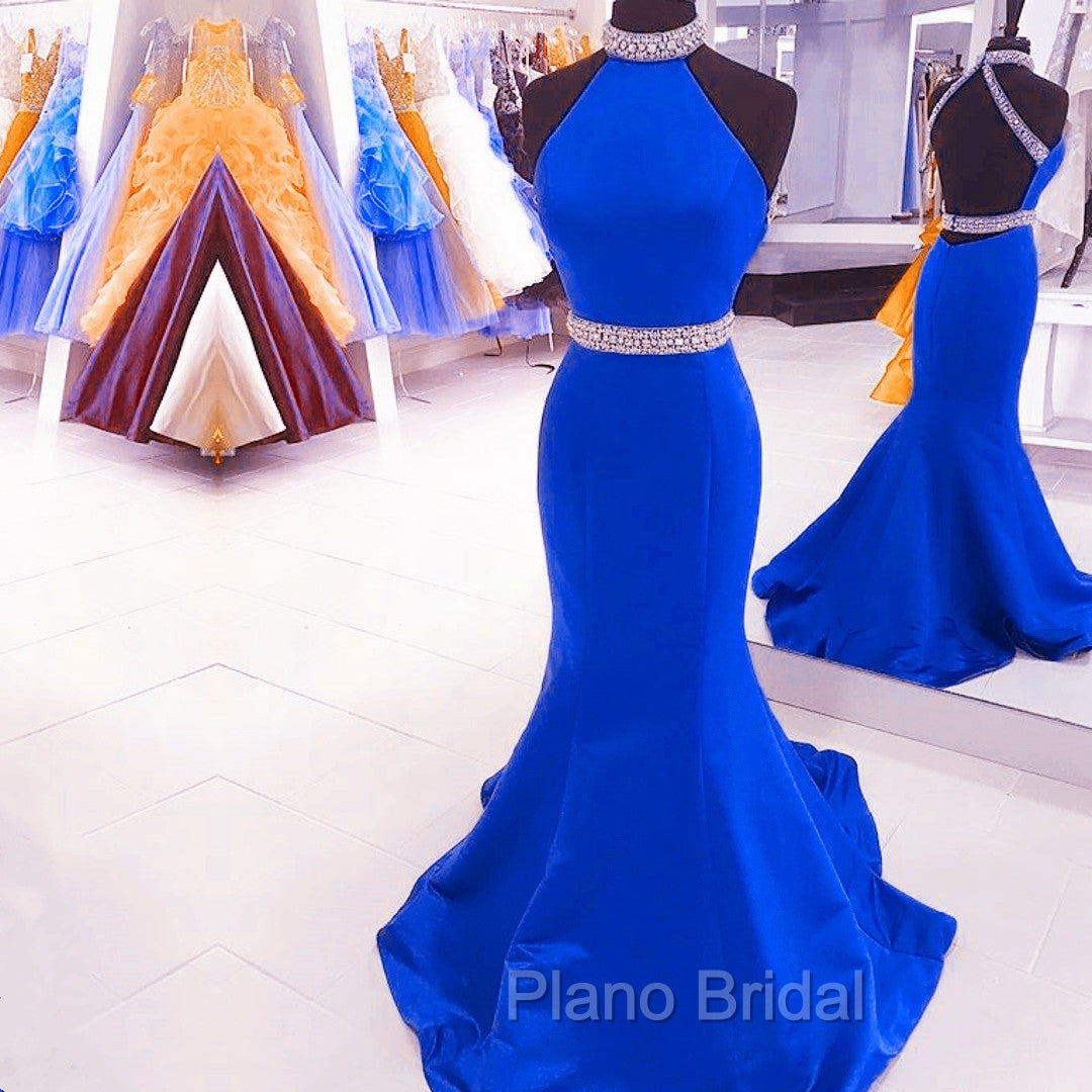 Green Mermaid Halter Formal Prom Dresses Satin Open Back