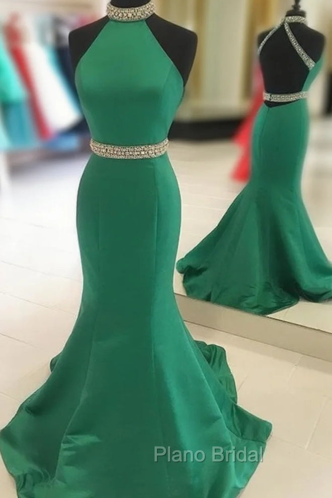 Green Mermaid Halter Formal Prom Dresses Satin Open Back Main image