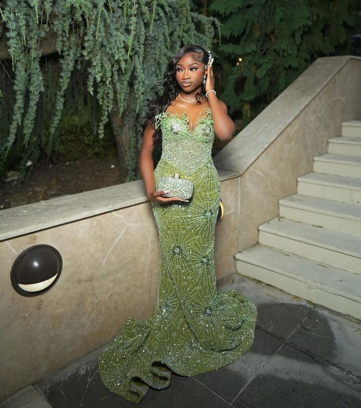 Green Mermaid Long Formal Evening Gown Shinny Formal Prom Dresses