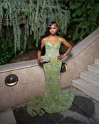 Green Mermaid Long Formal Evening Gown Shinny Formal Prom Dresses