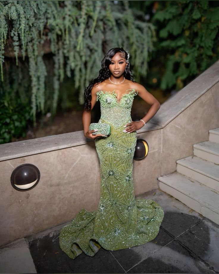 Green Mermaid Long Formal Evening Gown Shinny Formal Prom Dresses