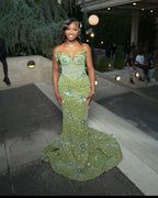 Green Mermaid Long Formal Evening Gown Shinny Formal Prom Dresses