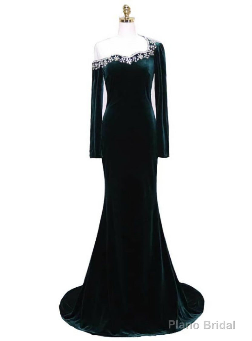 Green Mermaid Long Sleeve Velvet Prom Dress With Crystal Main image