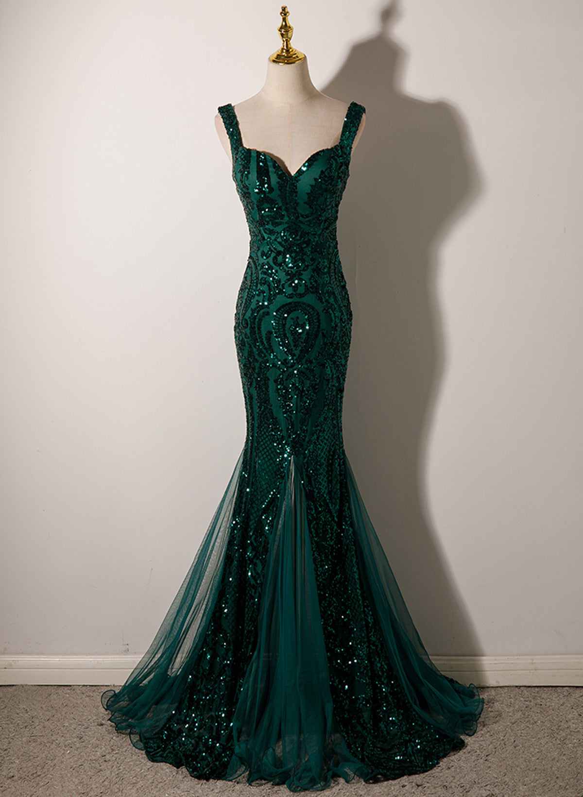 Green Mermaid Long Straps Sequins Long Formal Prom Dresses, Green Mermaid Formal Evening Dresses