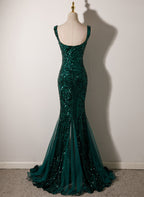 Green Mermaid Long Straps Sequins Long Formal Prom Dresses, Green Mermaid Formal Evening Dresses