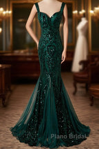 Green Mermaid Long Straps Sequins Long Formal Prom Dresses, Green Mermaid Evening Dresses