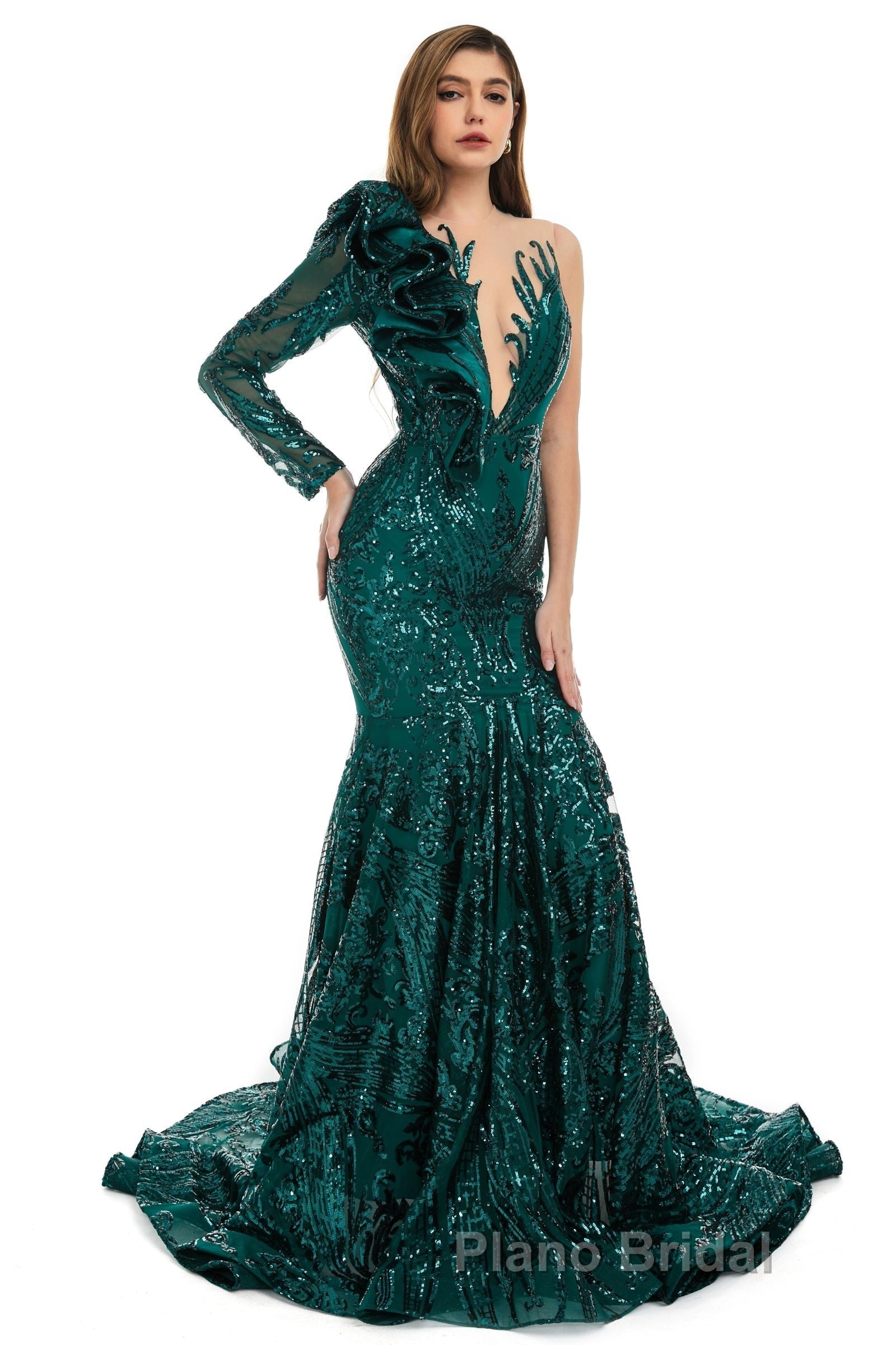 Orange Mermaid One Sleeve Formal Prom Dresses Sequined Lace Jewel Ruffles Evening Party Dress with Appliques