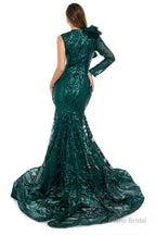 Burgundy Mermaid One Sleeve Prom Dresses Sequined Lace Jewel Ruffles Evening Party Dress with Appliques