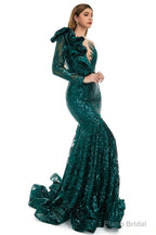 Navy Blue Mermaid One Sleeve Prom Dresses Sequined Lace Jewel Ruffles Evening Party Dress with Appliques